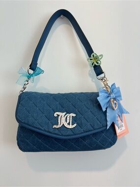 NWT Juicy Couture Denim Quilted shoulder bag with rhinestone logo and bow charm🩵
